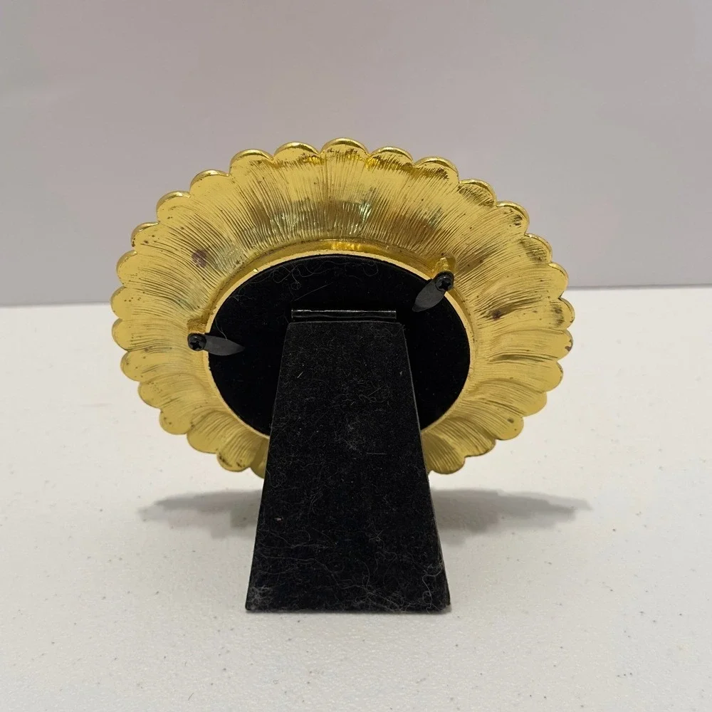 Vintage Style Orange Enamel Sunflower Round Picture Frame Gold Tone 5 Inch